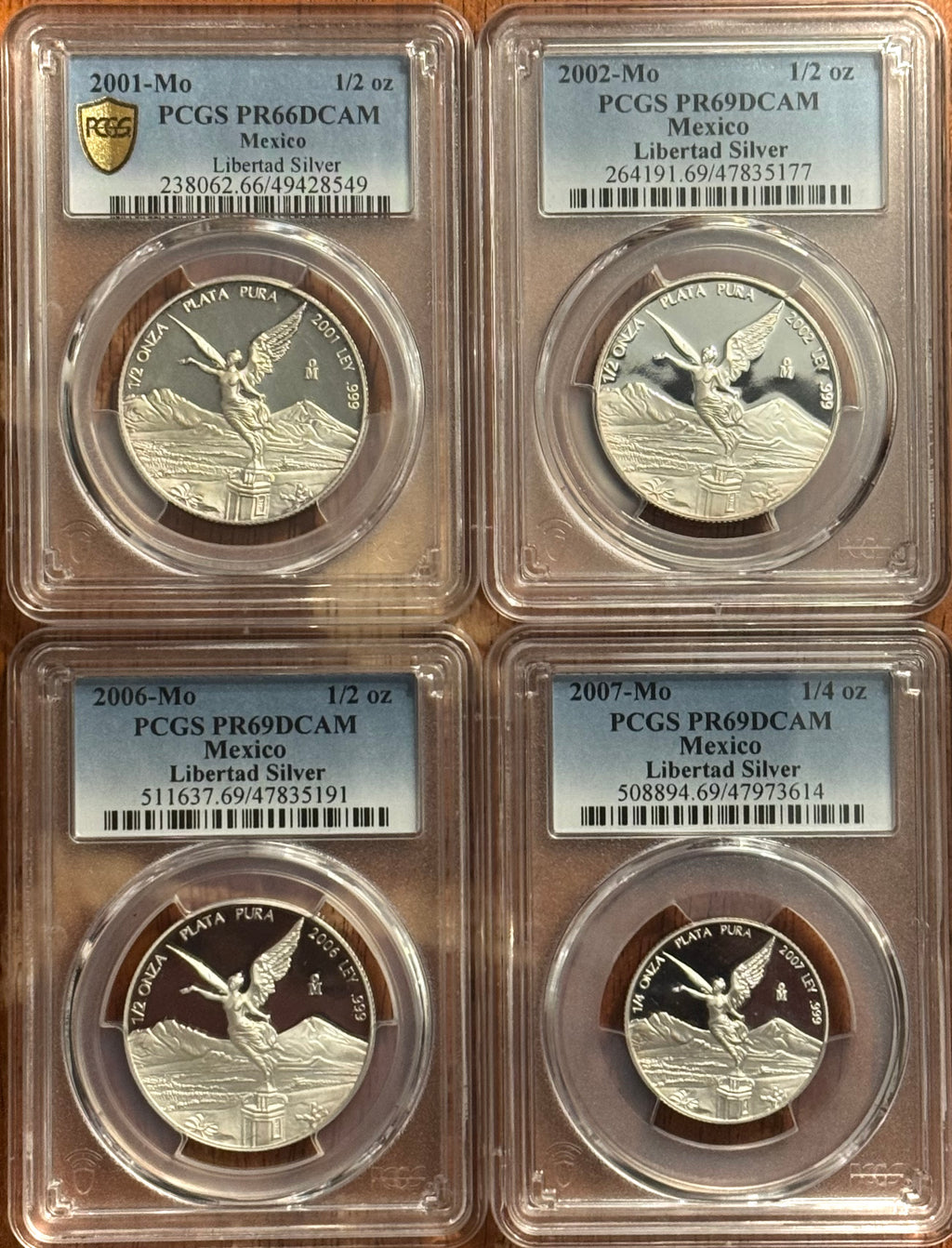 2001 1/2oz PR66DCAM, 2002 + 2006 1/2oz PR69DCAM, and 2007 1/4oz PR69DCAM Libertad Proofs - 4 coins