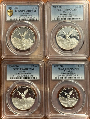 2001 1/2oz PR66DCAM, 2002 + 2006 1/2oz PR69DCAM, and 2007 1/4oz PR69DCAM Libertad Proofs - 4 coins